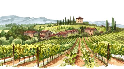 A picturesque painting of a vineyard with a house in the background. Ideal for wine industry...