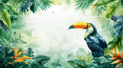 Frame of tropical leaves and toucan. Place for text, advertising and menu.