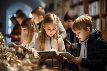 A diverse group of children are gathered in a library, engrossed in exploring various books. They are actively engaged in reading, pointing at pages, and discussing the content of the books together