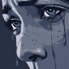 Close-up vector art image of a face with tears flowing from expressive sad eyes 