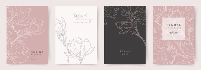 Floral botanical line art card templates. Luxury pattern with hand drawn magnolia flowers in contemporary style. Vector design for poster, wall decor, packaging, print, cover, banner, wed invitation