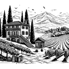 Engraved Tuscan Vineyard Countryside Villa PNG