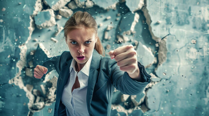 A woman in a suit is punching a wall. The image is a representation of a woman's inner strength and determination