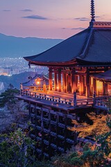 A pagoda with a view of a distant city. Ideal for travel websites and tourism brochures