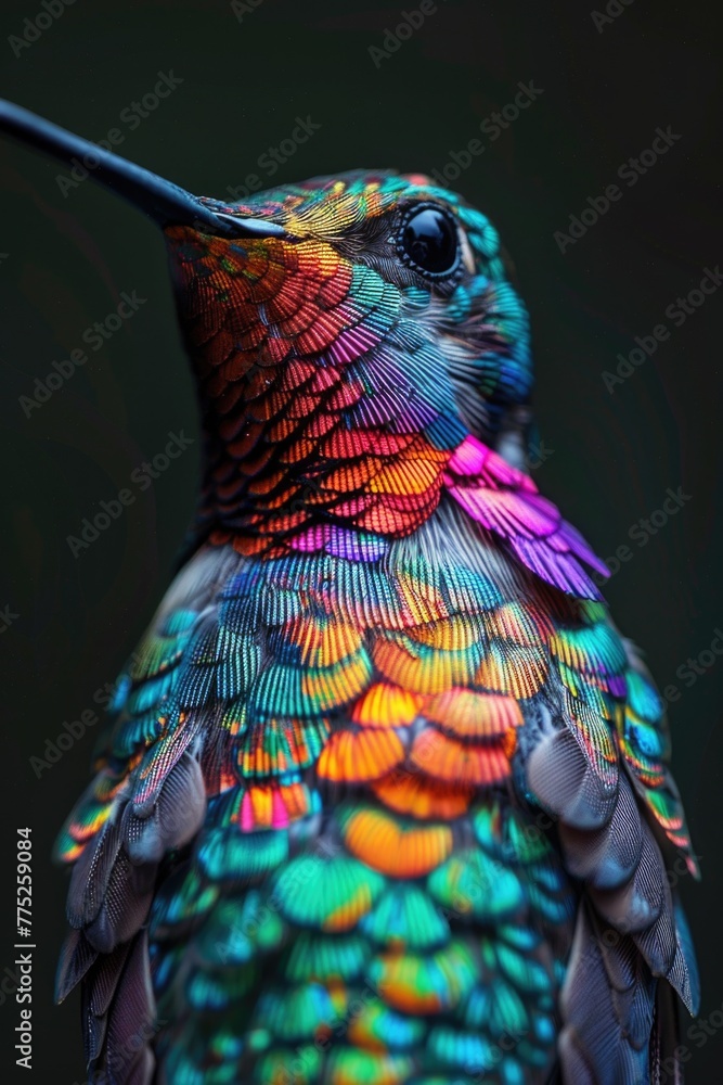 Poster vibrant hummingbird against a dark backdrop, suitable for various design projects