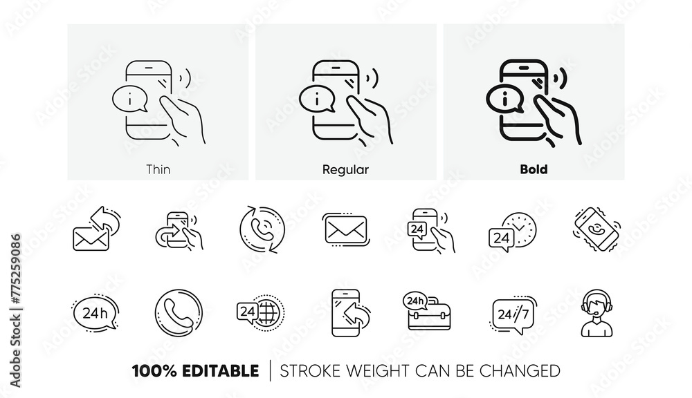 Poster call center, support and chat message. processing line icons. 24 hour service linear icon set line i
