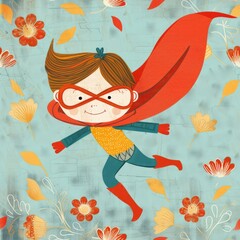 A little boy dressed as a superhero flying through the air. Perfect for children's books or superhero-themed designs