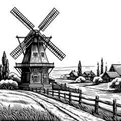 Traditional Windmill Engraved Illustration PNG