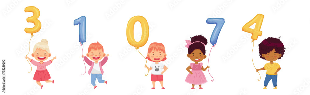 Poster little children holding number balloon on string vector set