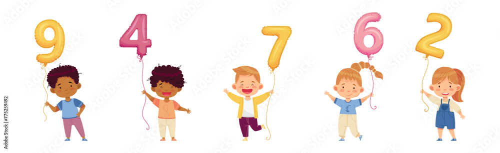 Poster little children holding number balloon on string vector set
