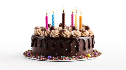 A birthday cake with chocolate and colorful candles and an isolated white background 