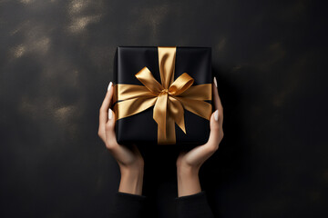 Minimal black and gold background with woman hands holding a wrapped gift box seen from a low angle for a birthday 