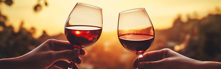 Two male hands toasting or clinking with red wine glasses on a nature and eccentric background 