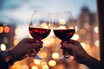 two people hands toasting with red wine glasses during a party at home with a city background during the day, a happy celebration concept 