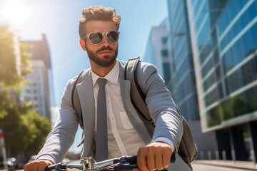 A beautiful young adult of Latinformal man riding his bicycle to work, a frontside portrait of a guy commuting on a bicycle on a sunny day in an urban street at mid-day 