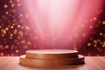 An empty round wooden podium set amidst a pink background with water drops and modern background a product display background or wallpaper concept with backlighting 