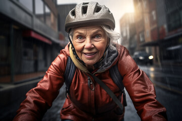 A beautiful elderly of South-African hipster woman riding her bicycle to work, a frontside portrait of a woman commuting on a bicycle on a rainy day in an urban street at mid-day 