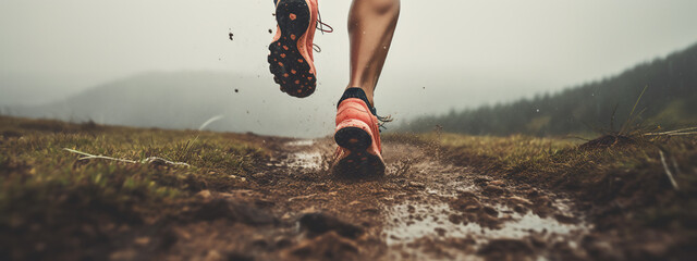 Lady or female / woman Latin trail runner running on a mountain hill with a close-up of the trail running shoes during a rainy day 