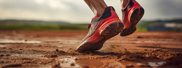  male or man Latin trail runner running on a red stadium track with a close-up of the trail running shoes during a cloudy mid-day 
