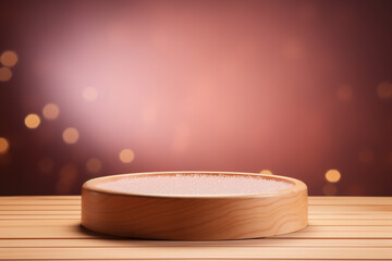 An empty round wooden podium set amidst a pink background with water drops and minimalist background a product display background or wallpaper concept with backlighting 