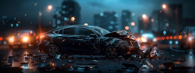 Insurance case - car accident. Dangers of speeding and drunk driving. A car being torn to pieces on the side of an urban road. Life, liability and property insurance. - obrazy, fototapety, plakaty