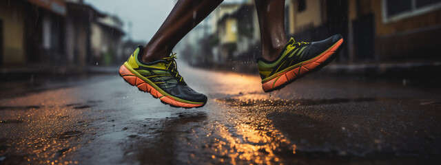 Lady or female / woman South-African trail runner running on a city street with a close-up of the trail running shoes during a rainy day 
