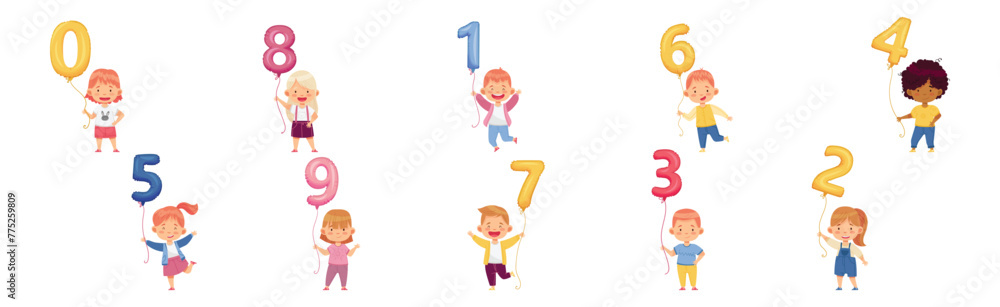 Poster little children holding number balloon on string vector set