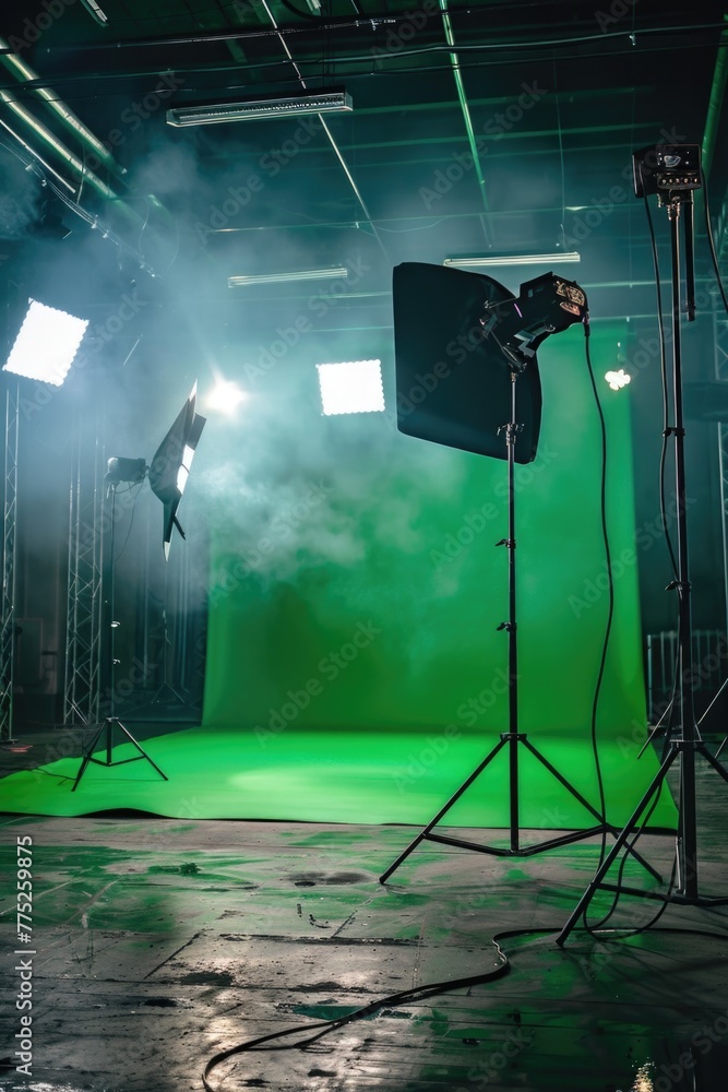 Poster a professional photo studio with green screen and lighting equipment. ideal for creating high-qualit