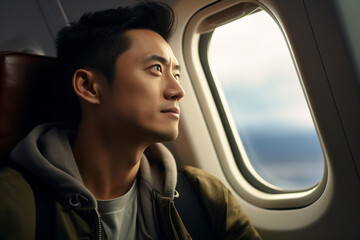 A gorgeous Asian adult man sitting in an airplane next to the window looking at the television, with a cloudy sky visible through the airplane window, a over-the-shoulder Angle 
