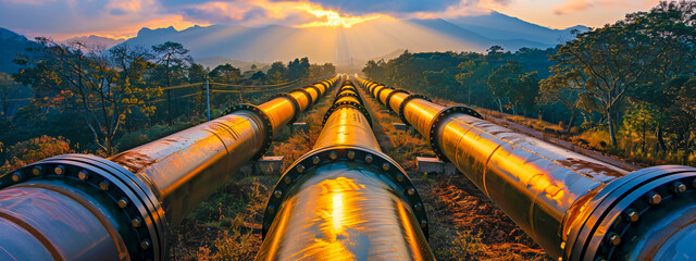 Industrial gas pipelines, a network of energy supply against a setting sun - obrazy, fototapety, plakaty