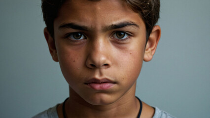 Young Boy with serious expression, dark eyes and hair on neutral background. - Powered by Adobe