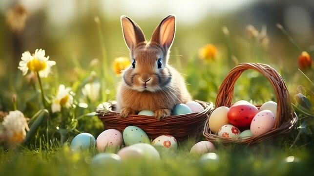 A cute little bunny sitting in basket nest with colorful eggs. Easter egg concept, Spring holiday