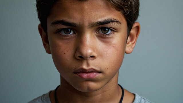 Young Boy with serious expression, dark eyes and hair on neutral background.