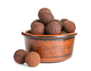 Bowl with tasty chocolate truffles on white background
