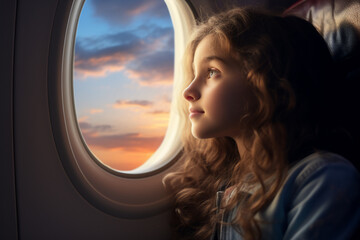 A gorgeous childCaucasian woman sitting in an airplane next to the window looking out the window, with a cloudy sky visible through the airplane window, a profile Angle 