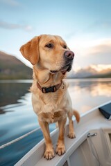 A dog standing on the bow of a boat, perfect for nautical themes