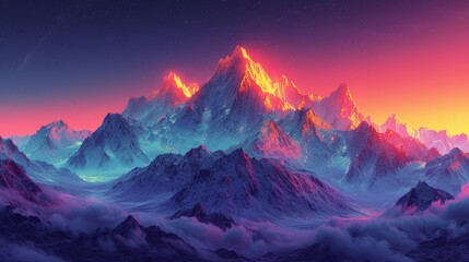 Illuminated mountain peaks at twilight - obrazy, fototapety, plakaty