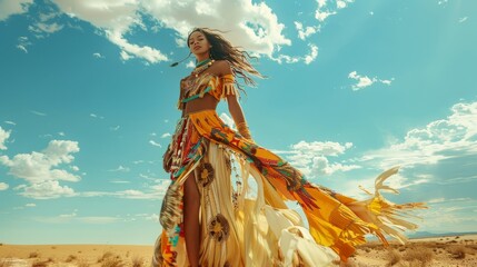 Fashion model in tribal attire in desert landscape, high res hdr photo with cinematic atmosphere