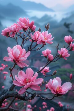 Blooming Magnolia Flowers on Wudang Mountain Generative AI