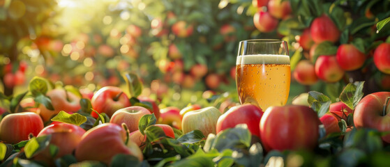 A glass of cider sitting on top of a pile of natural ripe apples in the field