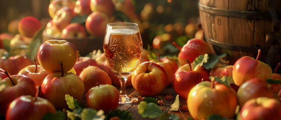 Scene with glass of cider, natural ripe apples, relaxation and enjoyment