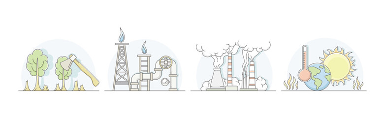 Environmental Issues and World Resources Destruction Line Vector Set