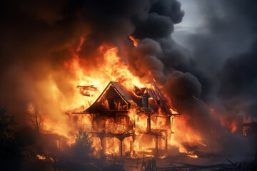 The roof of a town house is on fire with many fire flames and smoke visible with firefighters trying to extinguish the fire, a distance shot showing the whole house during the day or day time 