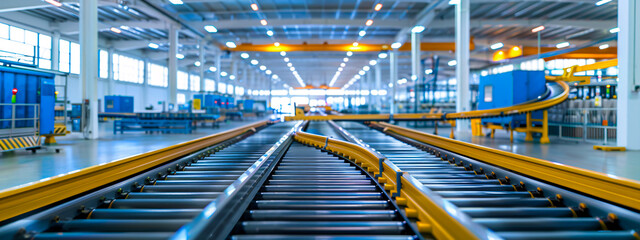 Obraz premium Industrial factory interior, modern manufacturing line with conveyor belt and robotics