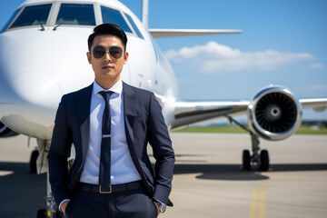 A gorgeous Asianformal business man standing in front of an airplane on a sunny day, a frontal angle 