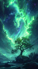 Fotobehang Enchanting Green Aurora Borealis in Fantasy Landscape Generative AI © Alex