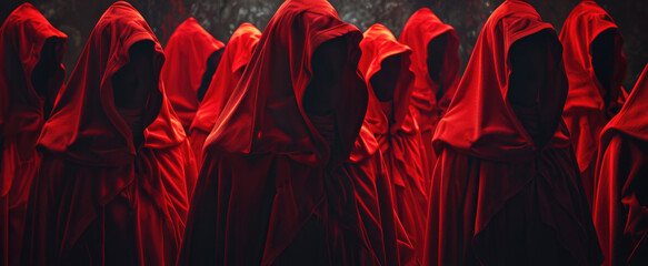 A group of people in red robes standing in a line. Suitable for religious or spiritual concepts - obrazy, fototapety, plakaty