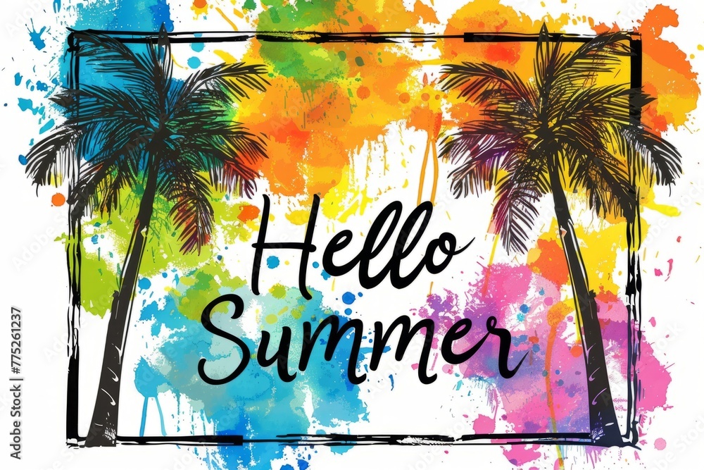 Poster a vibrant summer design featuring palm trees and watercolor splashes in bright colors, with an outli
