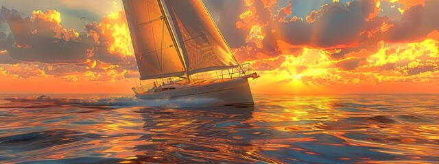 A luxurious yacht elegantly navigating the water under a radiant sunset, with billowing cream sails and a warm palette of sunset colors adding to the picturesque scene.