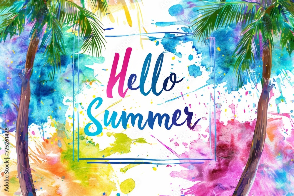 Poster a vibrant summer design featuring palm trees and watercolor splashes in bright colors with the text 